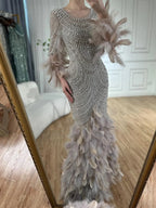 Vestido de noche color nude de Arabia Saudita con plumas y cuentas para ocasiones formales LA72736 