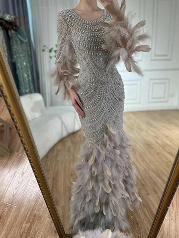 Robe de soirée saoudienne couleur chair avec plumes et perles, pour une occasion spéciale, LA72736, 2025 