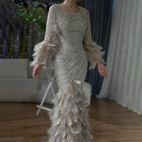 Robe de soirée saoudienne couleur chair avec plumes et perles, pour une occasion spéciale, LA72736, 2025 