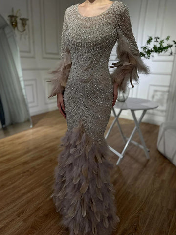 Robe de soirée saoudienne couleur chair avec plumes et perles, pour une occasion spéciale, LA72736, 2025 