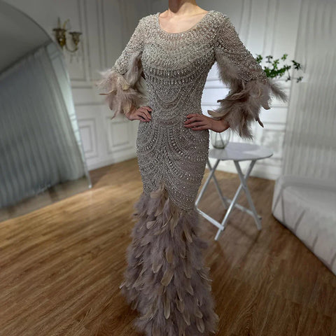 Robe de soirée saoudienne couleur chair avec plumes et perles, pour une occasion spéciale, LA72736, 2025 
