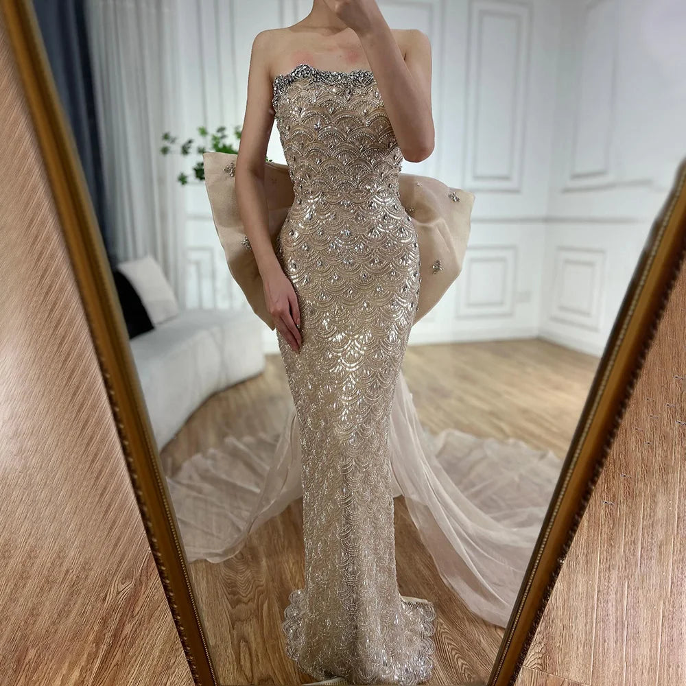 Vestido de noche palabra de honor color nude de Arabia Saudita, con borlas de cuentas, para ocasiones formales LA72730 