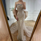 Vestido de noche palabra de honor color nude de Arabia Saudita, con borlas de cuentas, para ocasiones formales LA72730 