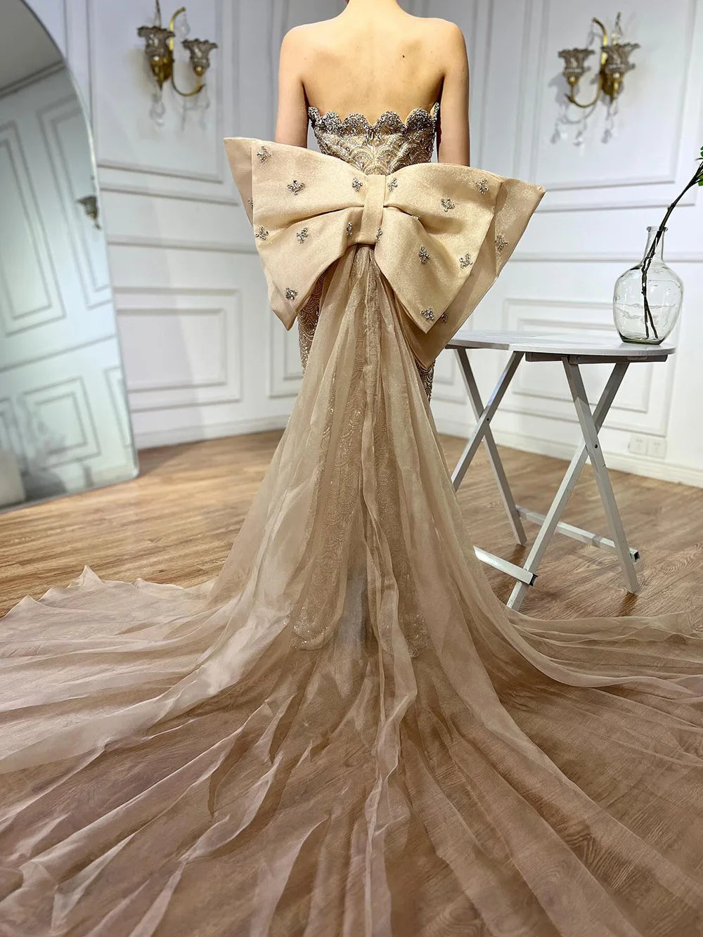 Vestido de noche palabra de honor color nude de Arabia Saudita, con borlas de cuentas, para ocasiones formales LA72730 