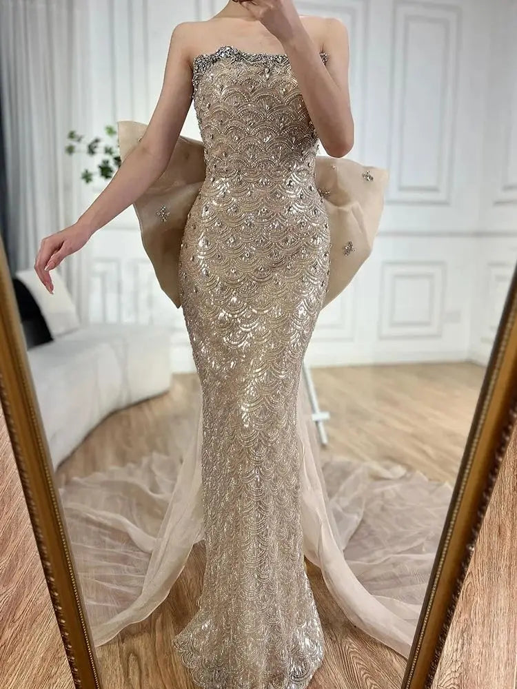Vestido de noche palabra de honor color nude de Arabia Saudita, con borlas de cuentas, para ocasiones formales LA72730 