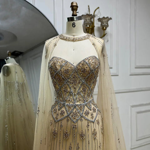 Robe de soirée saoudienne couleur chair 2025, style sirène, manches cape amovibles, luxueuse robe perlée pour une occasion formelle, LA72716 