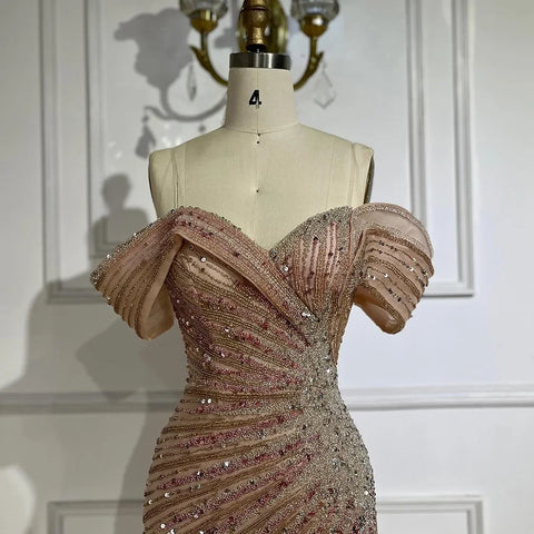 Robe de soirée de luxe rose style sirène, épaules dénudées, avec perles et fente latérale, pour une occasion formelle, Saudi LA72481, 2025 