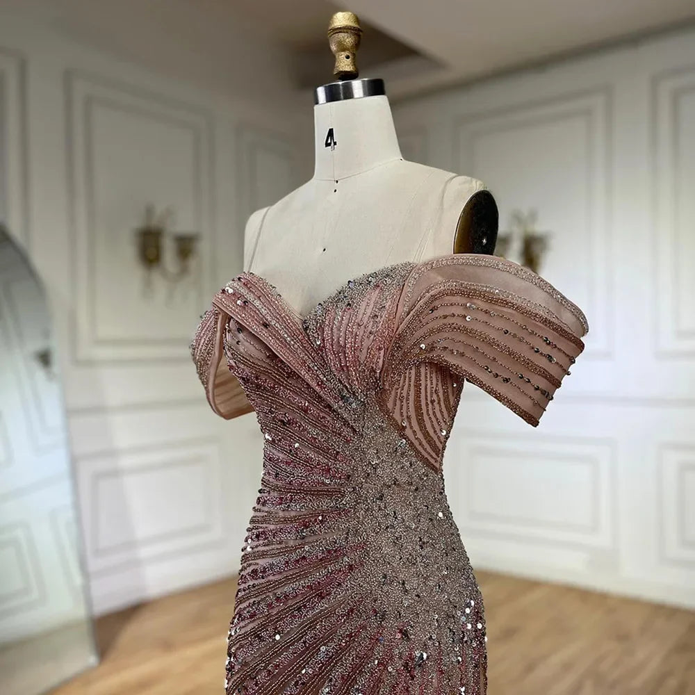 Vestido de noche de lujo rosa sirena con hombros descubiertos, bordado con cuentas y abertura lateral, ideal para ocasiones formales (modelo 2025, Arabia Saudita LA72481) 