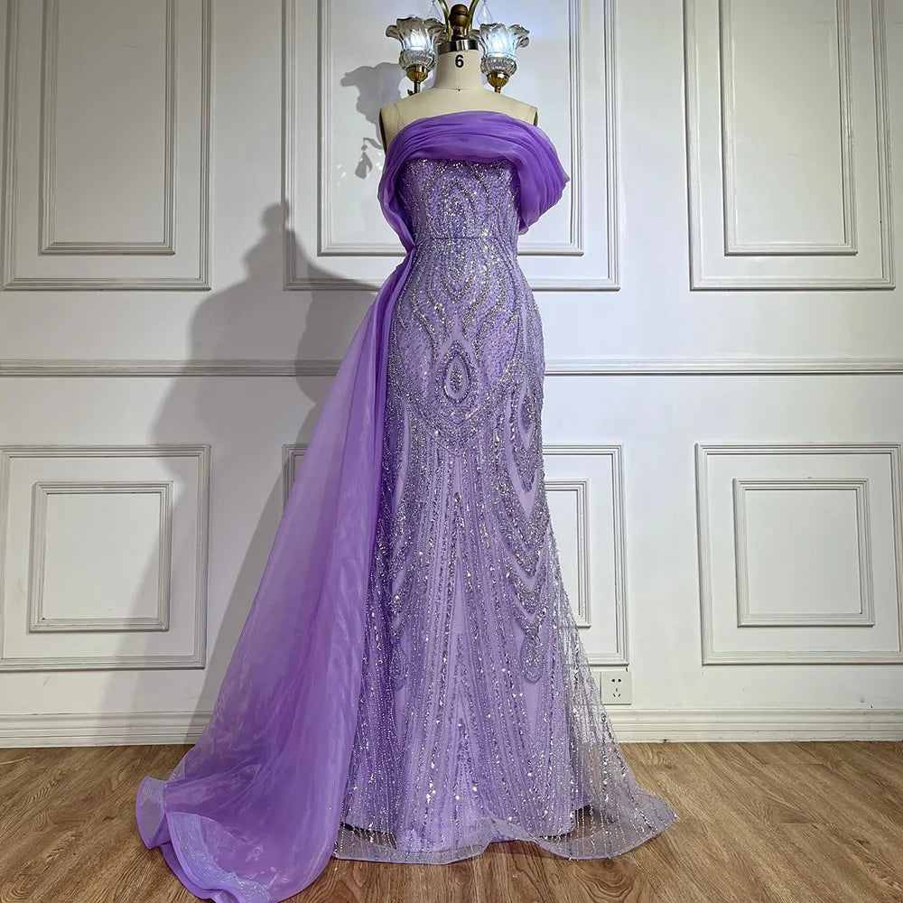 Vestido de noche de sirena morado con un solo hombro y cuentas, con sobrefalda lateral, para ocasiones formales (modelo 2025, Saudi LA72706) 