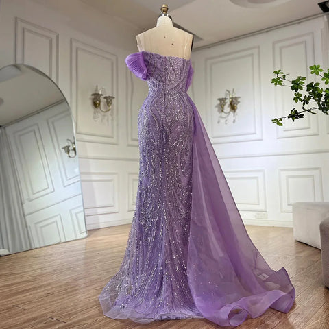 Robe de soirée sirène violette asymétrique, avec jupe latérale superposée et perles, pour une occasion formelle, modèle Saudi LA72706, 2025 