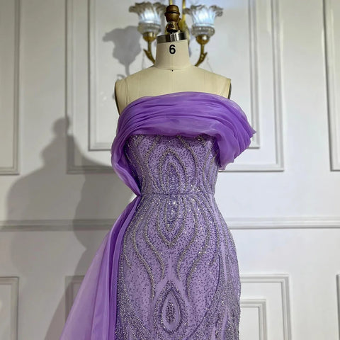 Robe de soirée sirène violette asymétrique, avec jupe latérale superposée et perles, pour une occasion formelle, modèle Saudi LA72706, 2025 