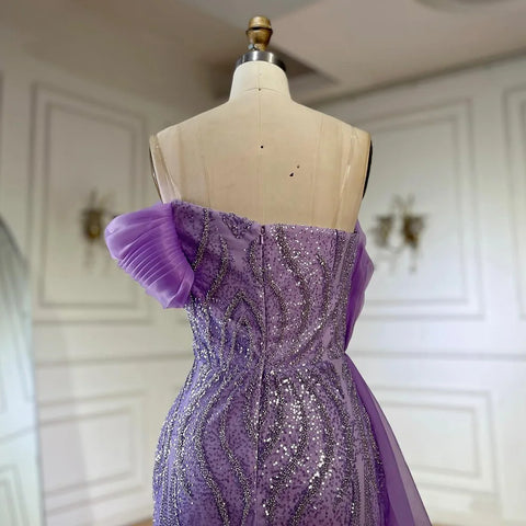 Robe de soirée sirène violette asymétrique, avec jupe latérale superposée et perles, pour une occasion formelle, modèle Saudi LA72706, 2025 