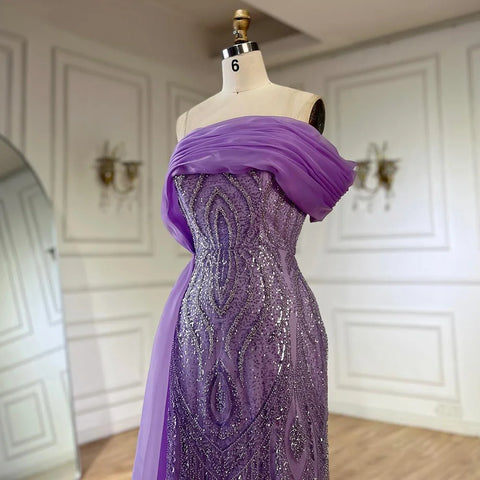 Robe de soirée sirène violette asymétrique, avec jupe latérale superposée et perles, pour une occasion formelle, modèle Saudi LA72706, 2025 