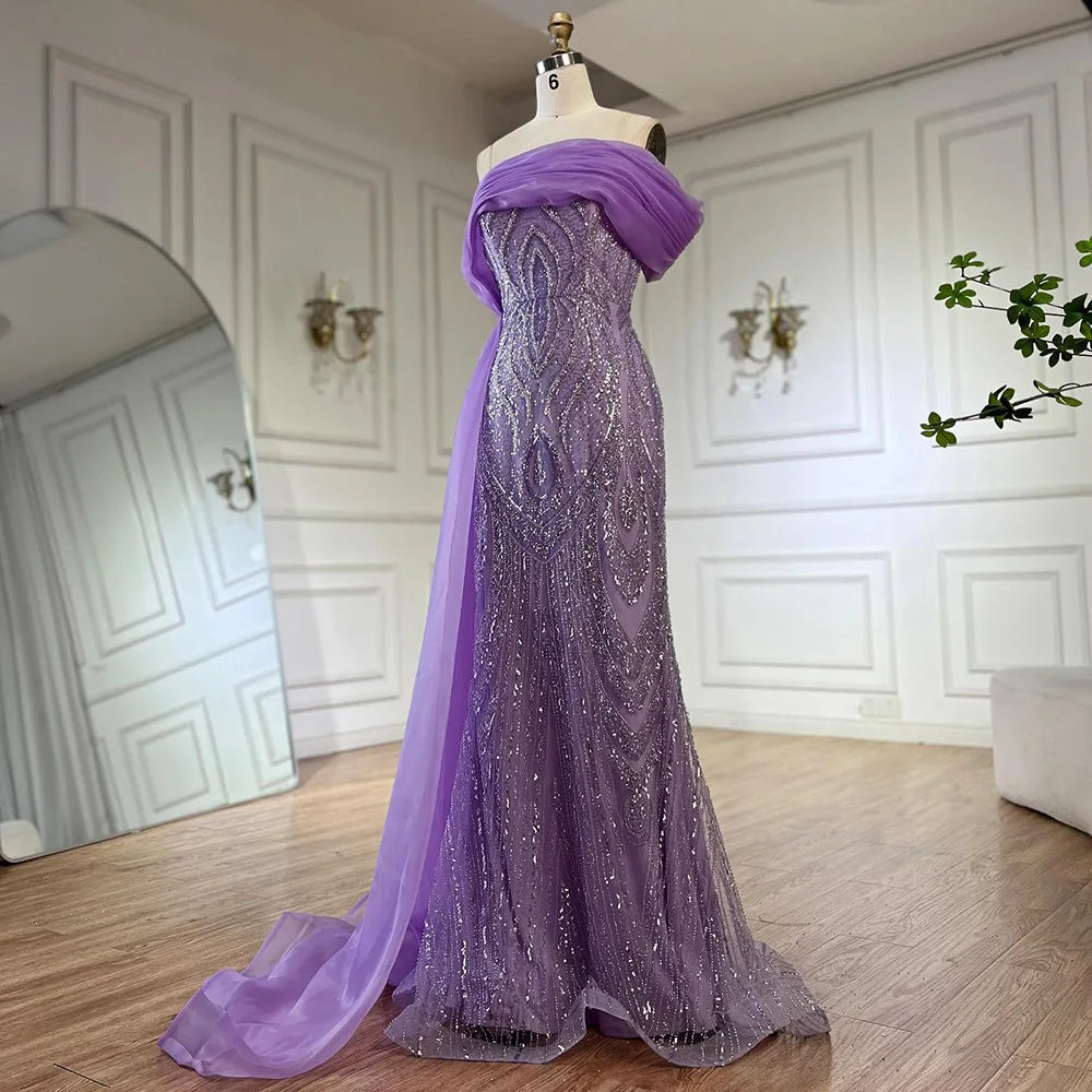 Vestido de noche de sirena morado con un solo hombro y cuentas, con sobrefalda lateral, para ocasiones formales (modelo 2025, Saudi LA72706) 