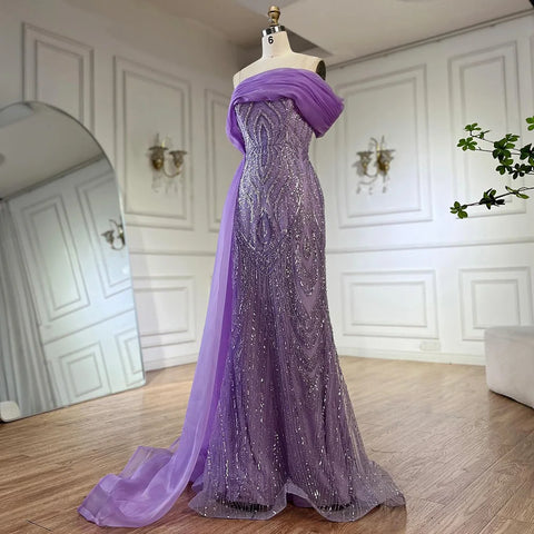 Robe de soirée sirène violette asymétrique, avec jupe latérale superposée et perles, pour une occasion formelle, modèle Saudi LA72706, 2025 