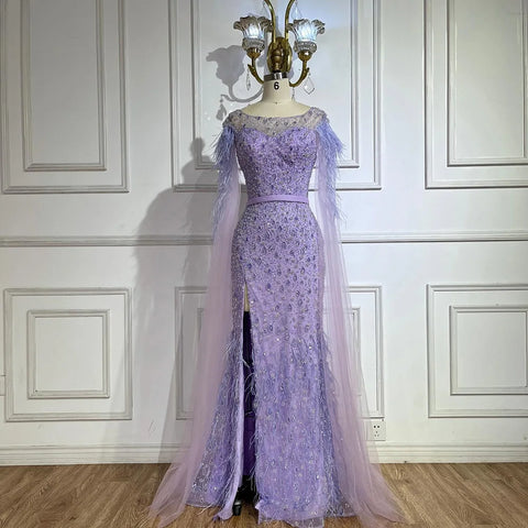 Robe de soirée sirène rose à manches cape, style Dubaï, avec jupe latérale, plumes et perles, pour femme, LA72701 