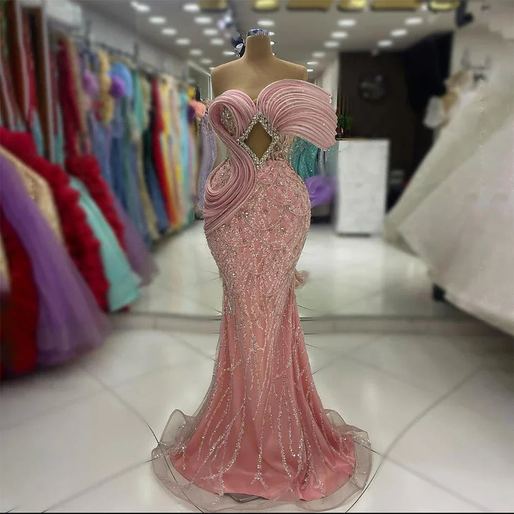 Vestido de noche elegante de sirena rosa con un solo hombro, lujoso, con cuentas y aberturas, para mujer, ideal para bodas y fiestas (LA72455) 