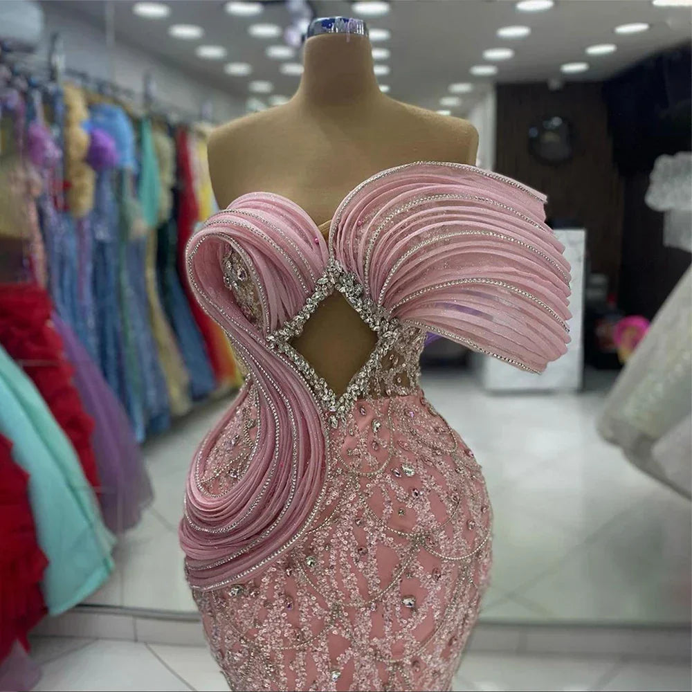 Vestido de noche elegante de sirena rosa con un solo hombro, lujoso, con cuentas y aberturas, para mujer, ideal para bodas y fiestas (LA72455) 
