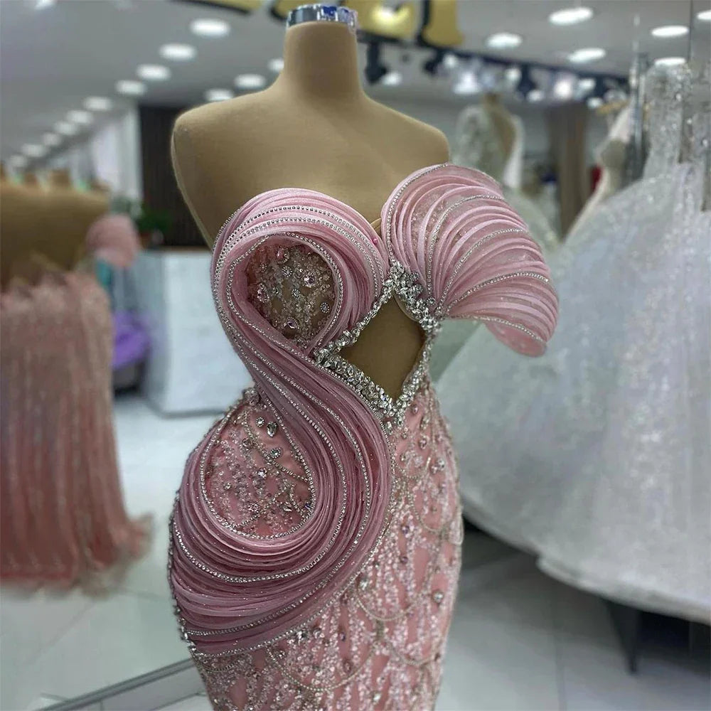 Vestido de noche elegante de sirena rosa con un solo hombro, lujoso, con cuentas y aberturas, para mujer, ideal para bodas y fiestas (LA72455) 