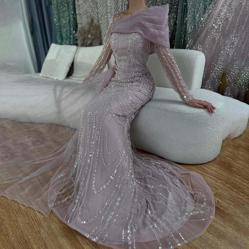 Vestido de noche de lujo rosa sirena con perlas y sobrefalda para ocasiones formales LA72348A 