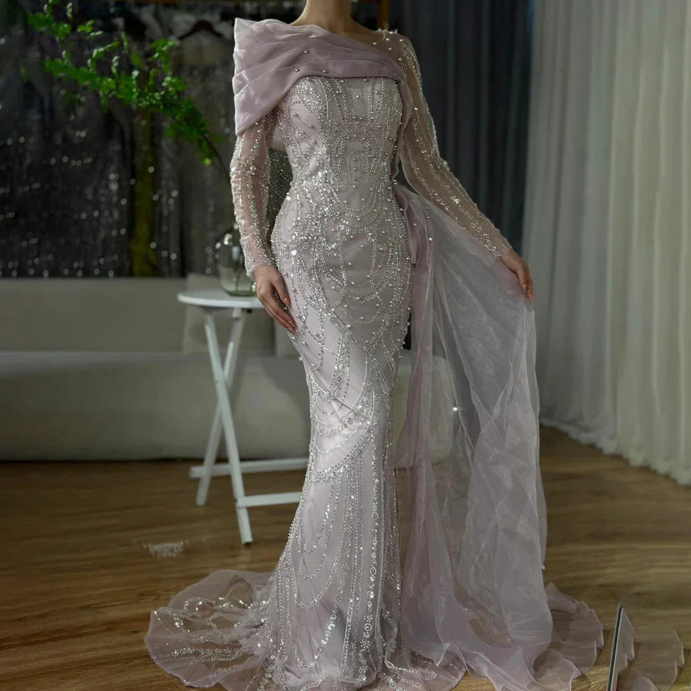 Vestido de noche de lujo rosa sirena con perlas y sobrefalda para ocasiones formales LA72348A 