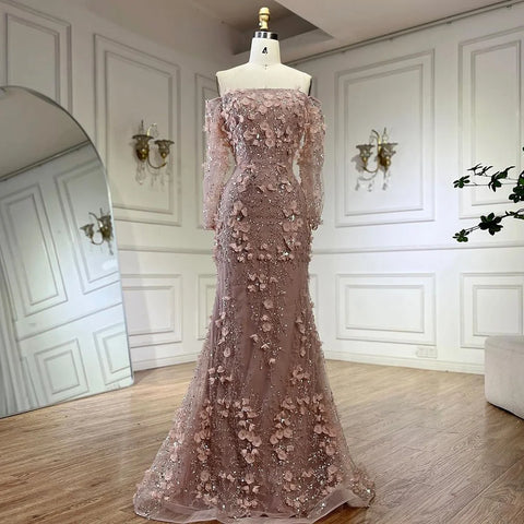 Elegante vestido de noche rosa de lujo con flores 3D de Dubái con sobrefalda LA72641
