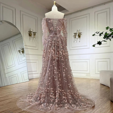 Elegante vestido de noche rosa de lujo con flores 3D de Dubái con sobrefalda LA72641
