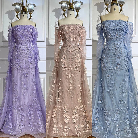 Elegante vestido de noche rosa de lujo con flores 3D de Dubái con sobrefalda LA72641