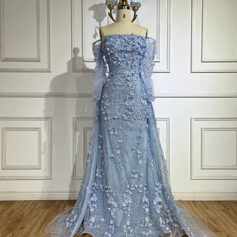 Elegante vestido de noche rosa de lujo con flores 3D de Dubái con sobrefalda LA72641