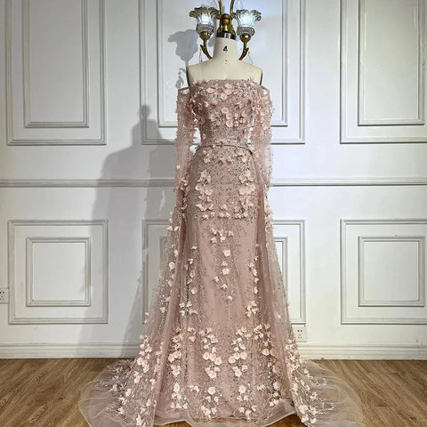 Elegante vestido de noche rosa de lujo con flores 3D de Dubái con sobrefalda LA72641