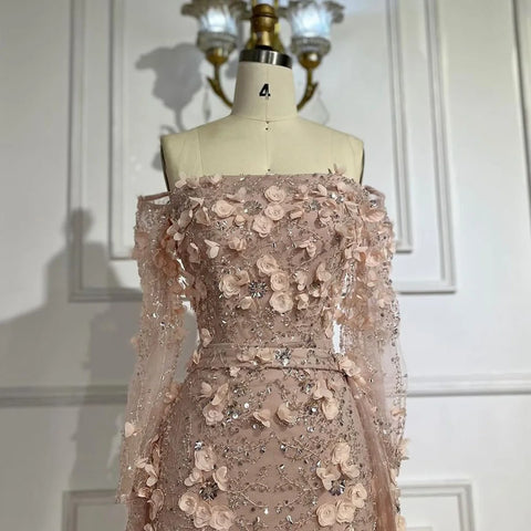 Elegante vestido de noche rosa de lujo con flores 3D de Dubái con sobrefalda LA72641