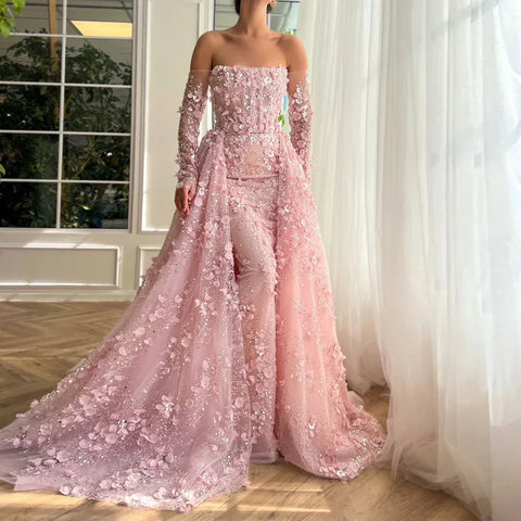 Elegante vestido de noche rosa de lujo con flores 3D de Dubái con sobrefalda LA72641