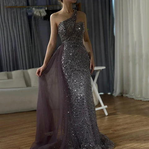 Robe de soirée saoudienne violette asymétrique, avec jupe latérale perlée, pour une occasion formelle, LA72735, 2025 