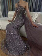Vestido de noche morado de un solo hombro estilo árabe saudí 2025 con sobrefalda lateral con cuentas para ocasiones formales LA72735 