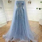 Vestido de noche turquesa saudí 2025 con vestido de cuentas y elegante capa con capucha para ocasiones formales LA72659A 