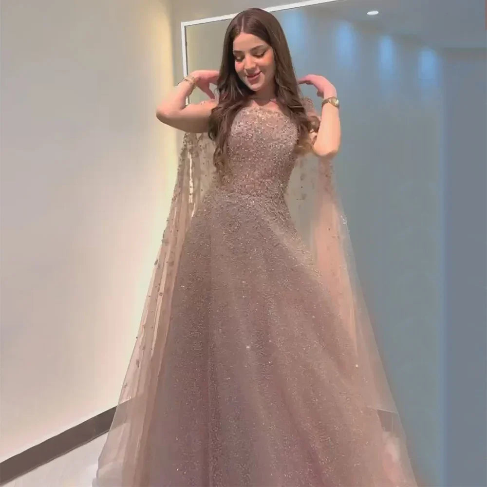 Vestido de noche turquesa saudí 2025 con vestido de cuentas y elegante capa con capucha para ocasiones formales LA72659A 