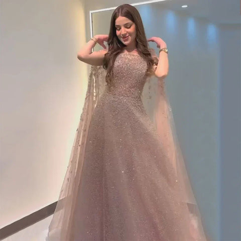 Robe de soirée turquoise saoudienne 2025 avec robe perlée et élégante cape à capuche pour une occasion formelle LA72659A 