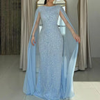 Vestido de noche de lujo con mangas de capa, estilo sirena azul, con cuentas, para ocasiones formales (LA72160A), Arabia Saudita, 2025 