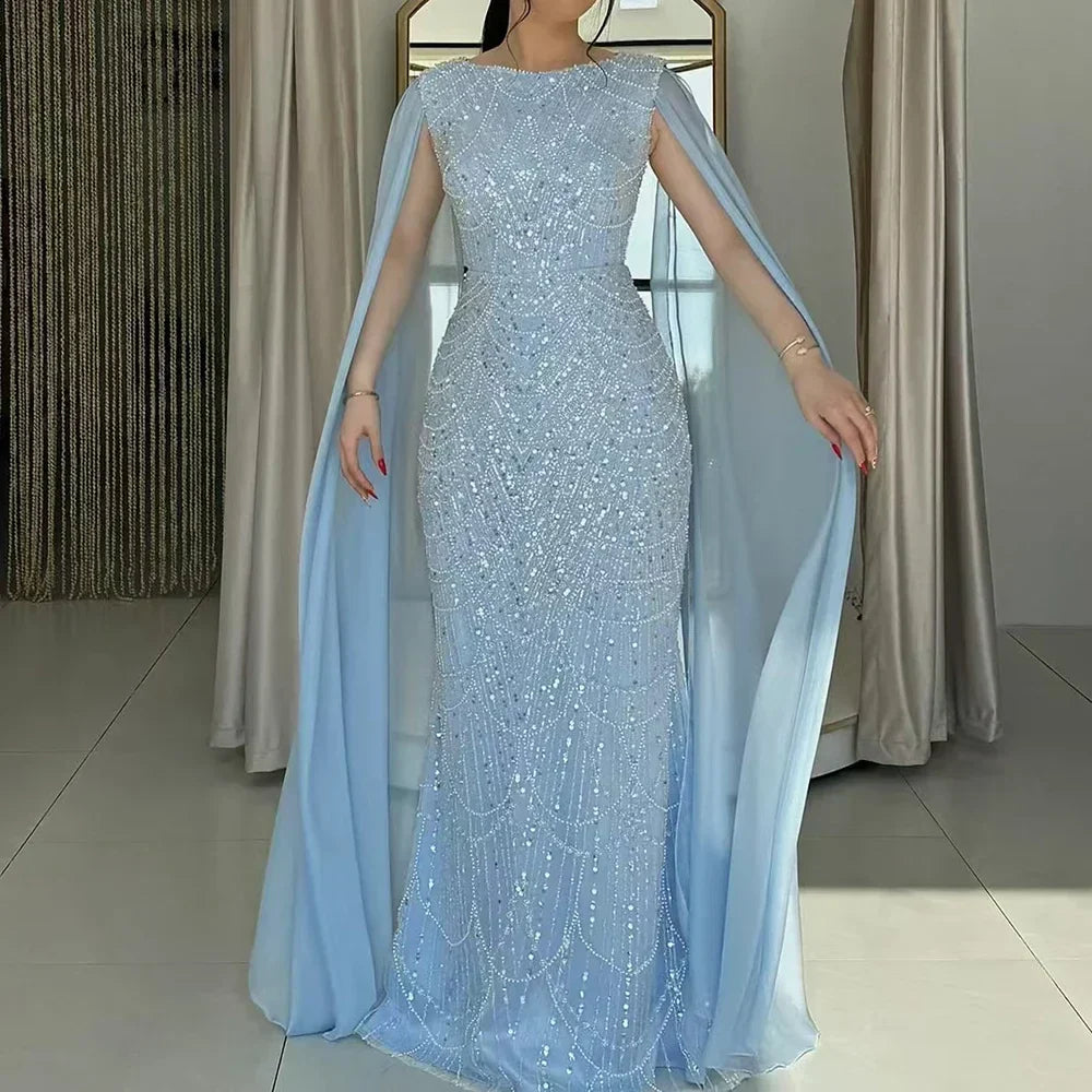 Vestido de noche de lujo con mangas de capa, estilo sirena azul, con cuentas, para ocasiones formales (LA72160A), Arabia Saudita, 2025 