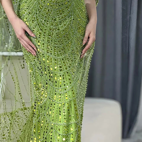 Robe de soirée luxueuse à manches cape et perles, style sirène, bleu saoudien, pour une occasion spéciale, LA72160A, 2025 