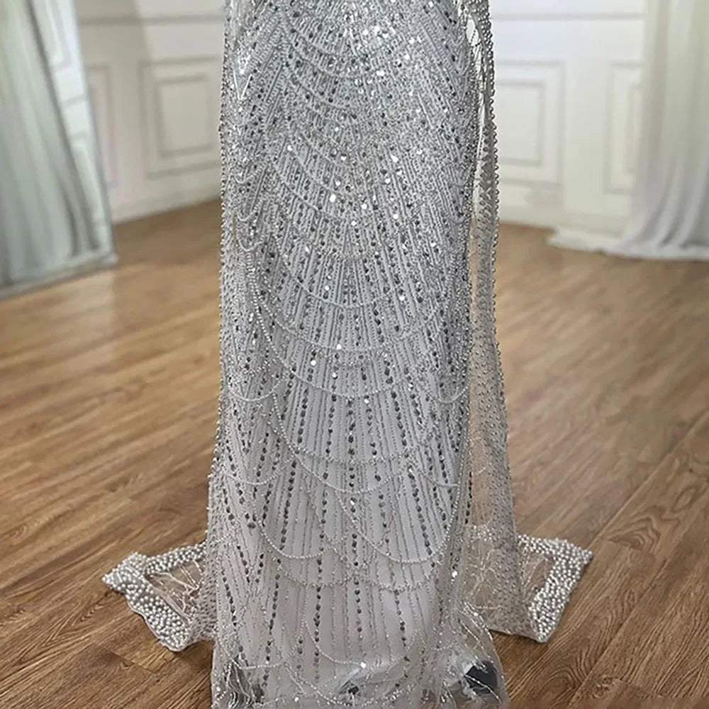 Vestido de noche de lujo con mangas de capa, estilo sirena azul, con cuentas, para ocasiones formales (LA72160A), Arabia Saudita, 2025 