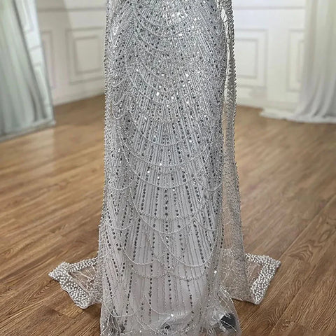 Robe de soirée luxueuse à manches cape et perles, style sirène, bleu saoudien, pour une occasion spéciale, LA72160A, 2025 