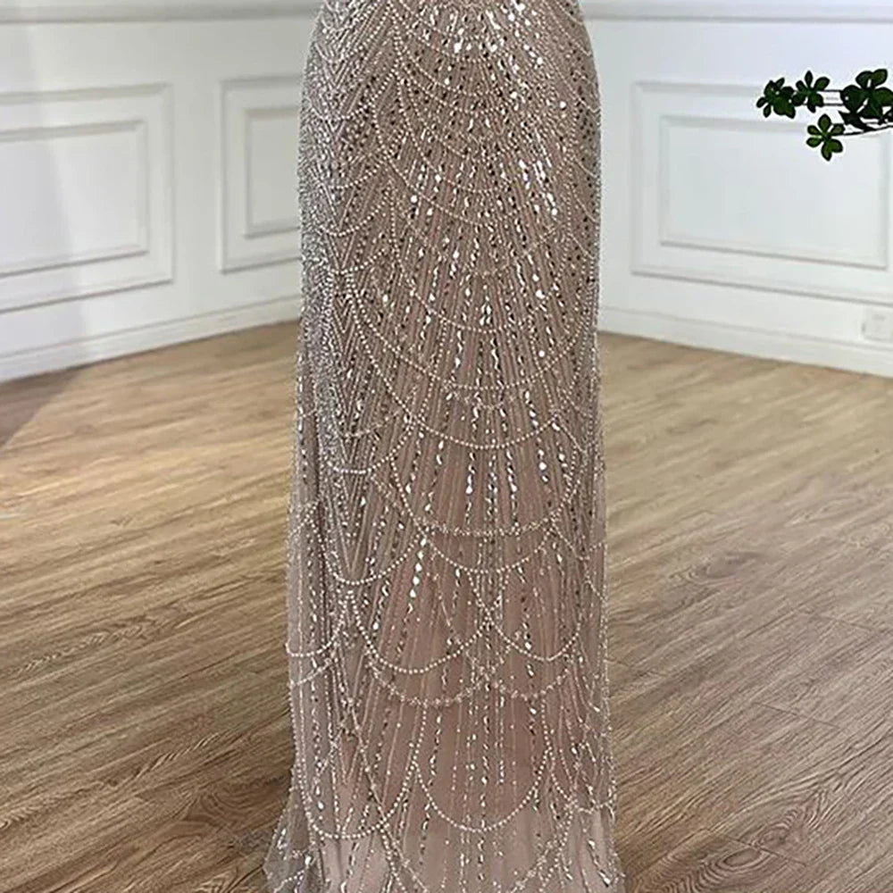 Vestido de noche de lujo con mangas de capa, estilo sirena azul, con cuentas, para ocasiones formales (LA72160A), Arabia Saudita, 2025 