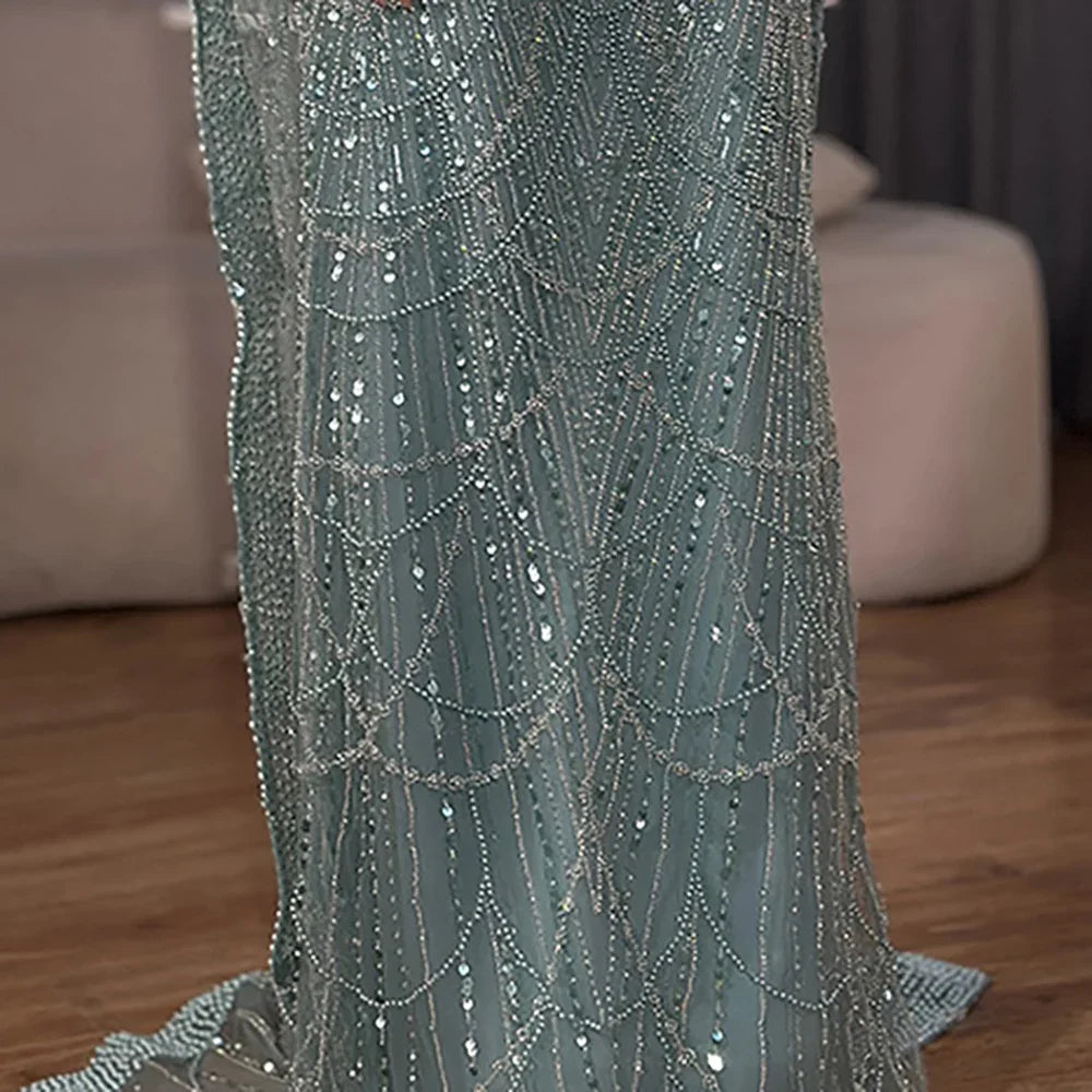 Vestido de noche de lujo con mangas de capa, estilo sirena azul, con cuentas, para ocasiones formales (LA72160A), Arabia Saudita, 2025 