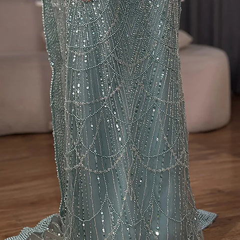 Robe de soirée luxueuse à manches cape et perles, style sirène, bleu saoudien, pour une occasion spéciale, LA72160A, 2025 