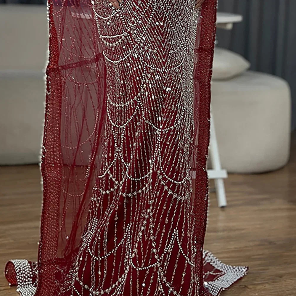 Vestido de noche de lujo con mangas de capa, estilo sirena azul, con cuentas, para ocasiones formales (LA72160A), Arabia Saudita, 2025 