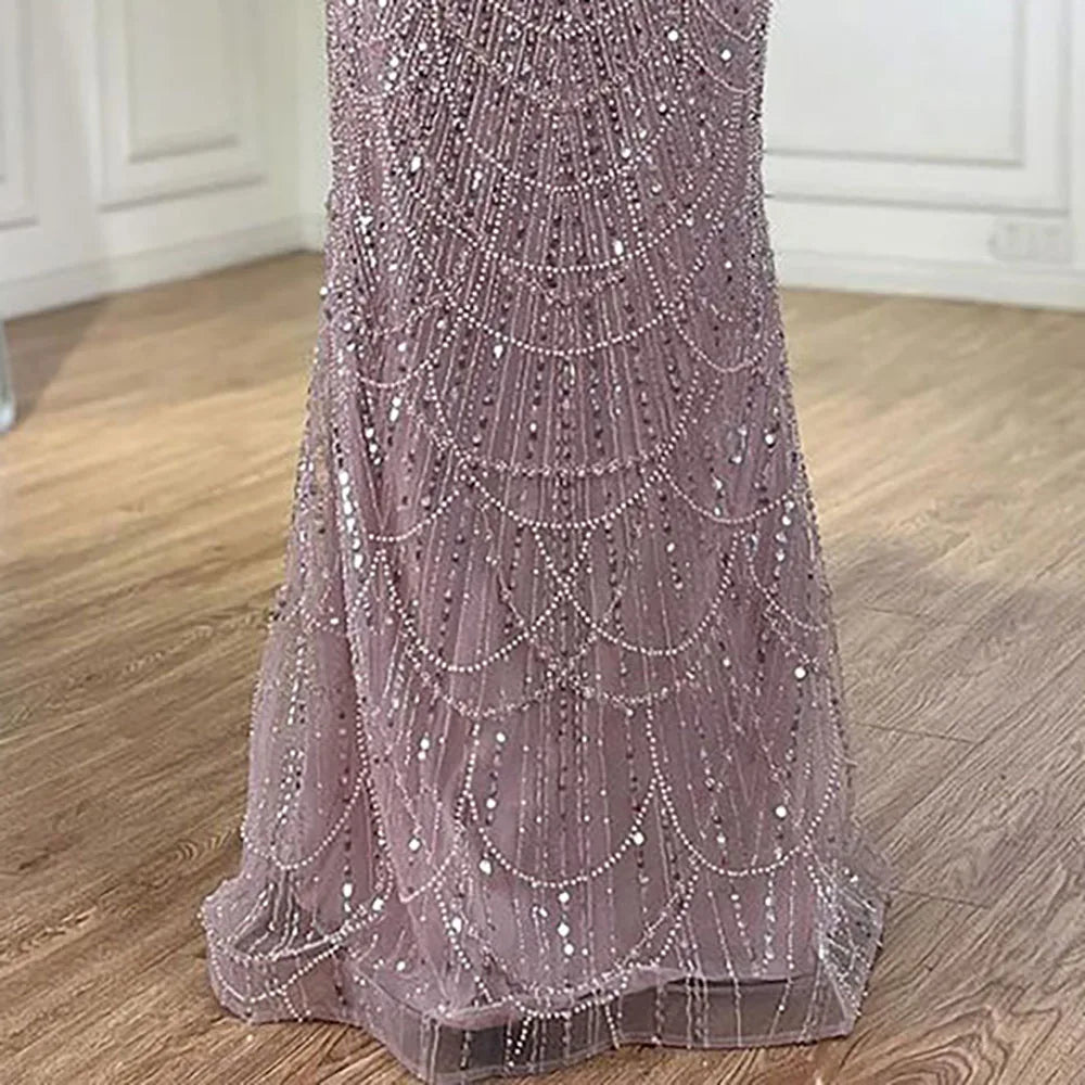 Vestido de noche de lujo con mangas de capa, estilo sirena azul, con cuentas, para ocasiones formales (LA72160A), Arabia Saudita, 2025 