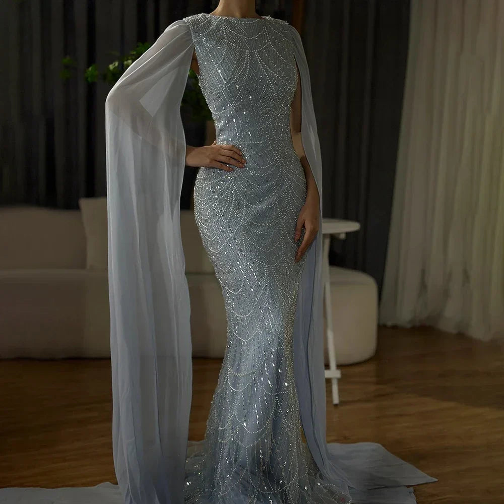 Vestido de noche de lujo con mangas de capa, estilo sirena azul, con cuentas, para ocasiones formales (LA72160A), Arabia Saudita, 2025 