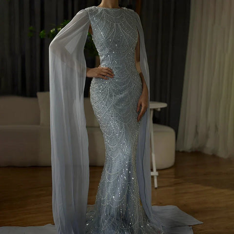 Robe de soirée luxueuse à manches cape et perles, style sirène, bleu saoudien, pour une occasion spéciale, LA72160A, 2025 