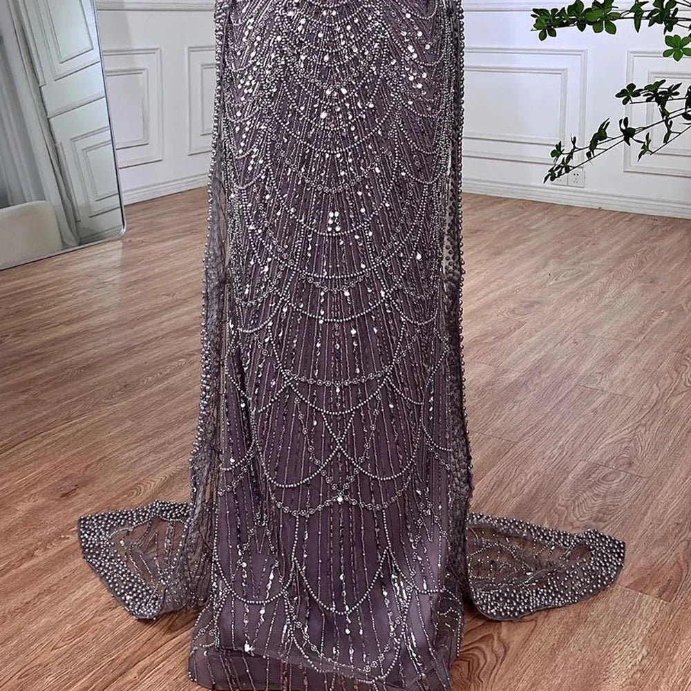 Vestido de noche de lujo con mangas de capa, estilo sirena azul, con cuentas, para ocasiones formales (LA72160A), Arabia Saudita, 2025 